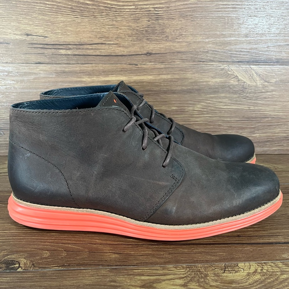 Cole Haan Brown Leather Chukka Boots with Coral-Salmon Sole